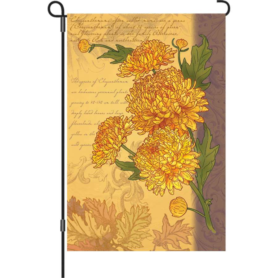 12 in. Chrysanthemums garden flag displaying vibrant flower designs with illuminated features, enhancing an outdoor garden setting.