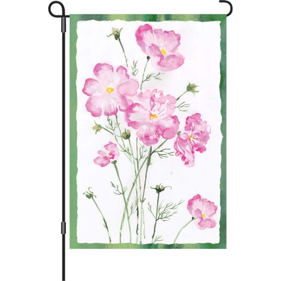 12 in. Cosmos illuminated garden flag featuring vibrant floral design displayed on a garden flag pole in a lush outdoor setting.