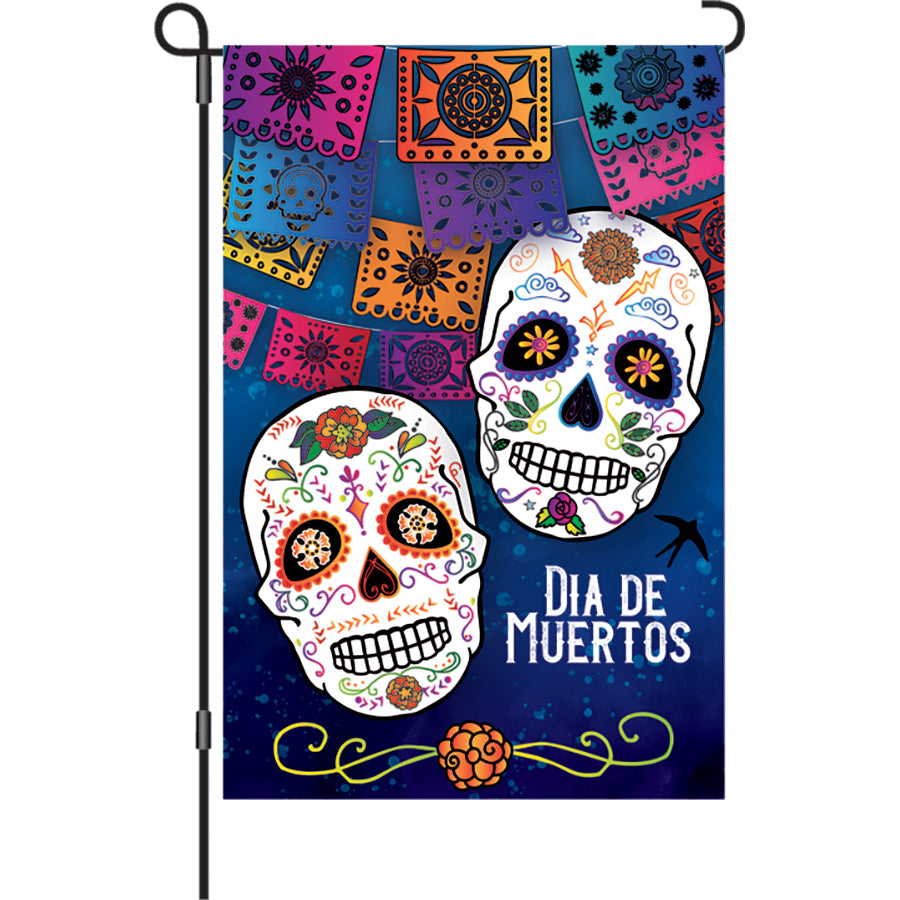 12 in. Dia De Muertos garden flag showcasing vibrant Day of the Dead designs, fluttering in the wind, perfect for honoring loved ones.