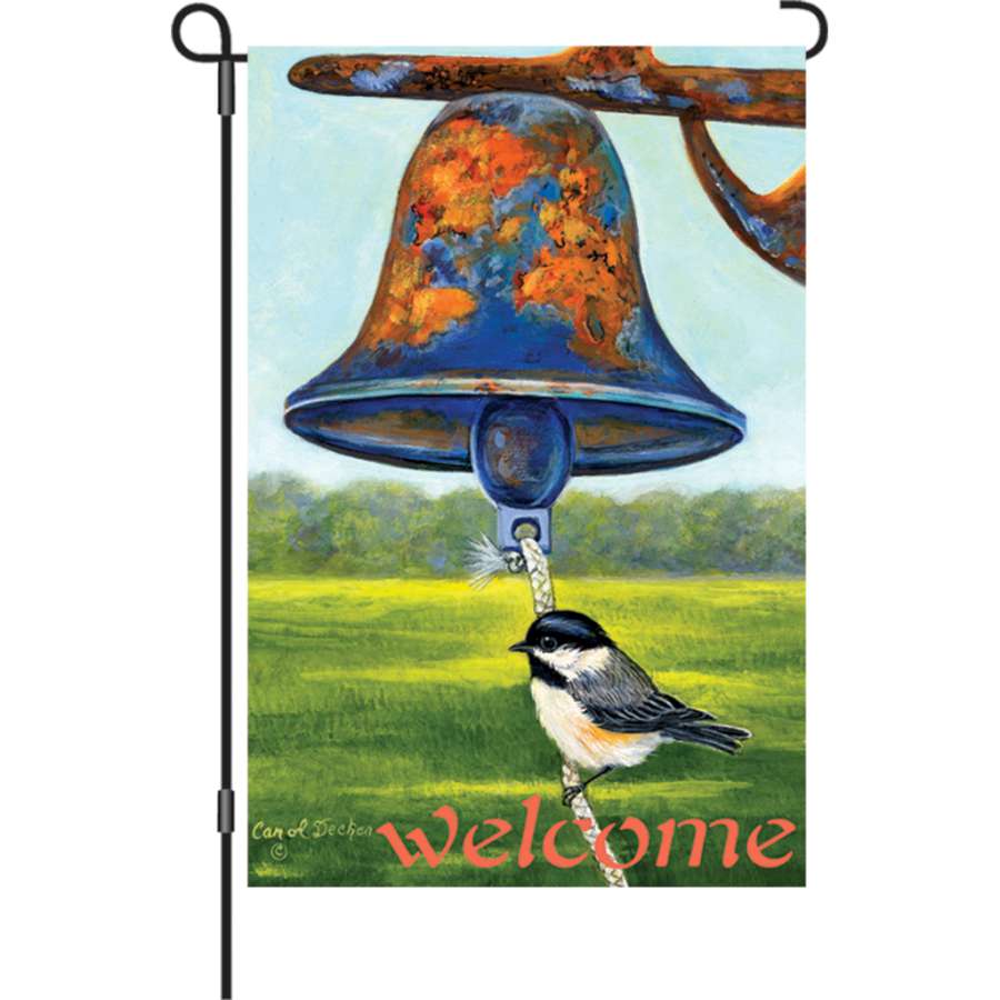 12 in. Dinner Bell garden flag featuring a whimsical design displayed on a stand, perfect for enhancing outdoor spaces with charm.