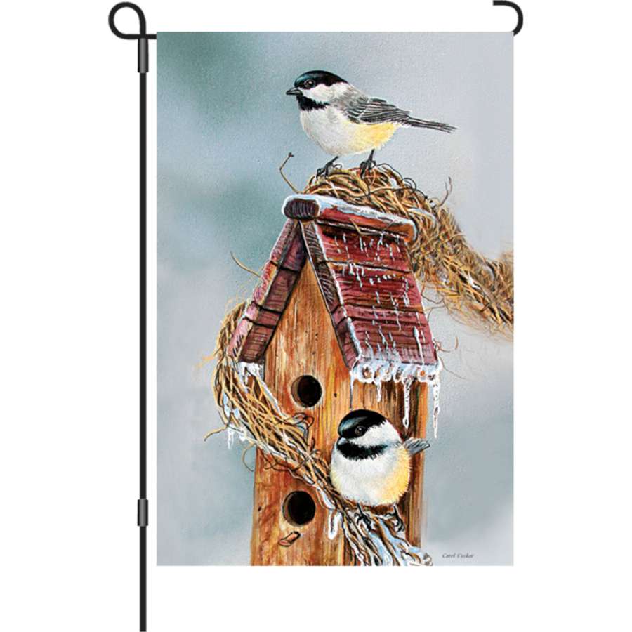 12 in. Early Birds Chickadees garden flag displaying vibrant chickadees and illuminated features, set against a beautiful garden backdrop.