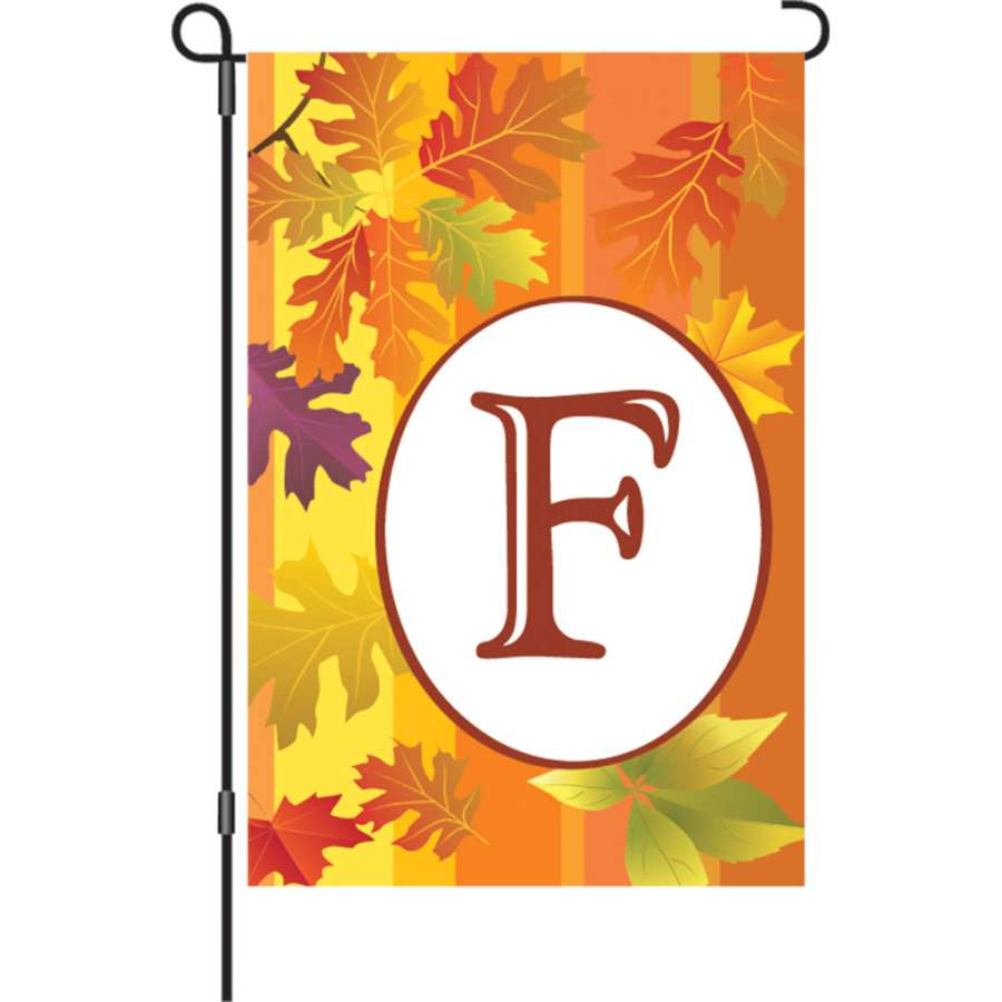 12 in. Fall Monogram Flag showcasing the letter 'F' with autumn colors, designed for outdoor garden display during the fall season.