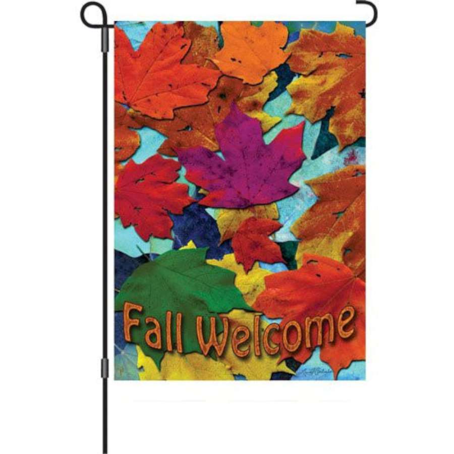 12 in. Fall Welcome garden flag featuring vibrant autumn colors and a welcoming message displayed in a garden setting.