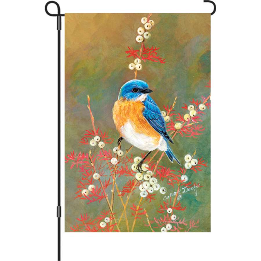 12 in. Flag - Bluebird Beauty featuring an illuminated bluebird design, displayed in a garden setting, enhancing the outdoor decor.