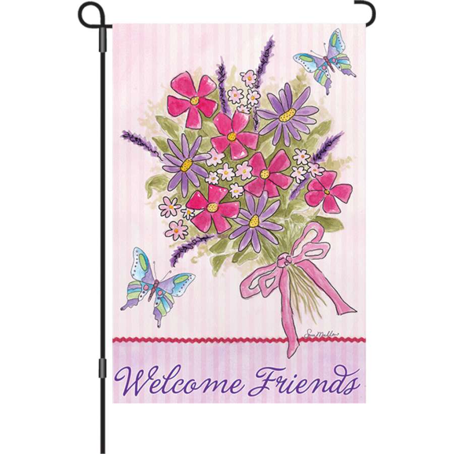 12 in. Flag - Bouquet for Friends with vibrant floral design, welcoming message displayed in a sunny garden setting.