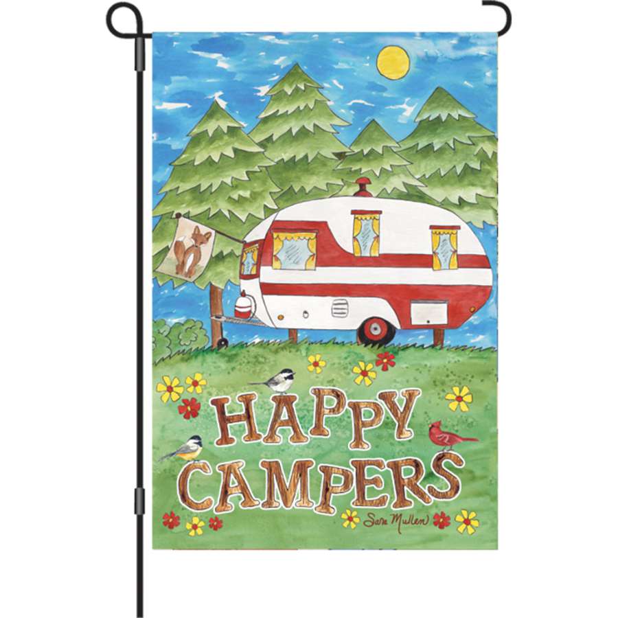 12 in. Camping Fun garden flag featuring 'HAPPY CAMPERS' text, made of soft PremierSoft fabric, swaying in the breeze in a garden.