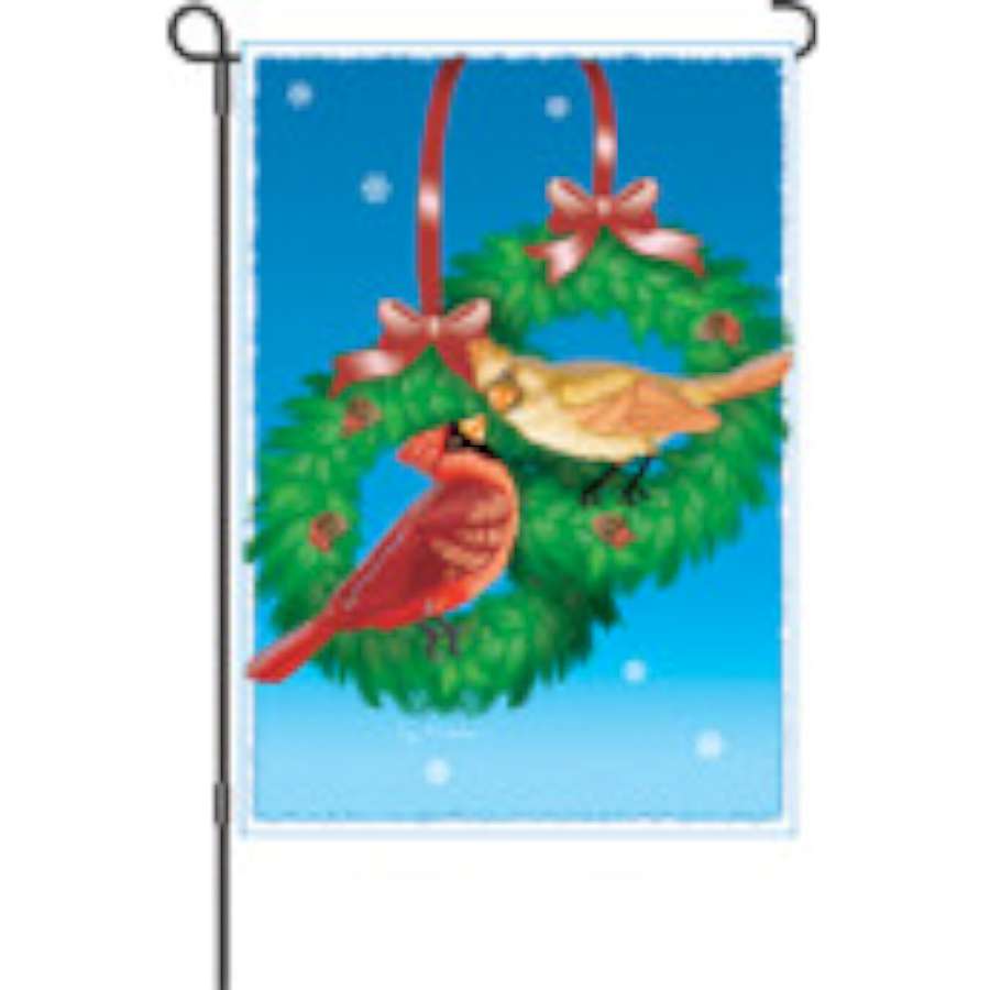 12 in. Flag - Christmas Cardinal showcasing a bright red cardinal perched on a branch with a snowy backdrop, designed for outdoor display.
