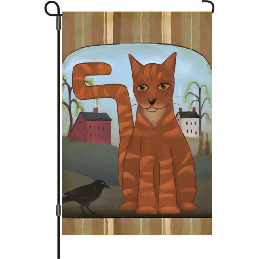 12 in. Flag - Country Tabby featuring whimsical autumn-themed artwork displayed in a garden setting to enhance seasonal decor.