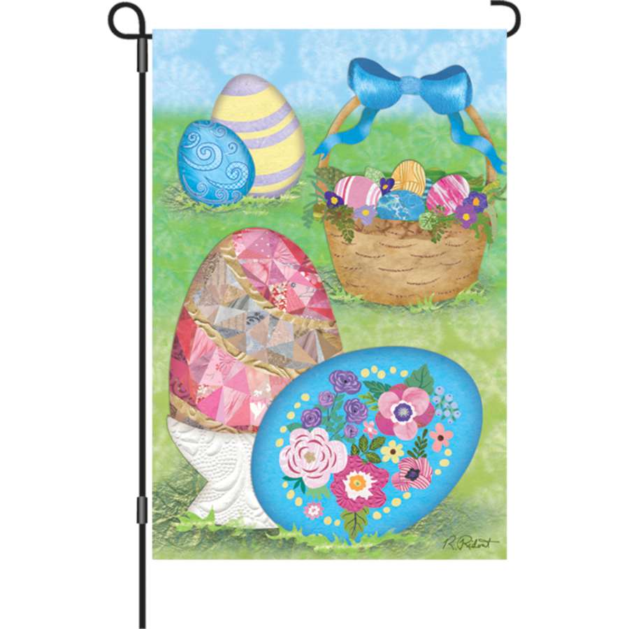 12 in. Flag - Elegant Easter Eggs featuring colorful Easter egg designs displayed in a garden setting, perfect for spring holiday decor.