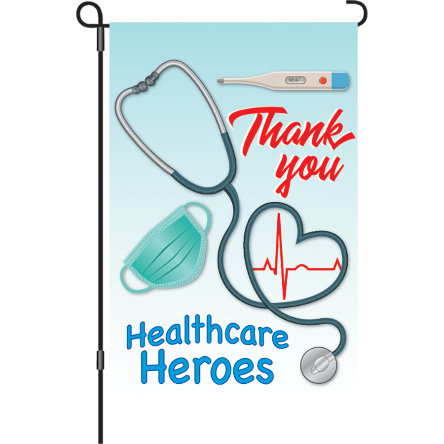 12 in. Flag - Healthcare Heroes with vibrant 'Thank you Healthcare Heroes' message, displayed outdoors in garden, swaying in the wind.