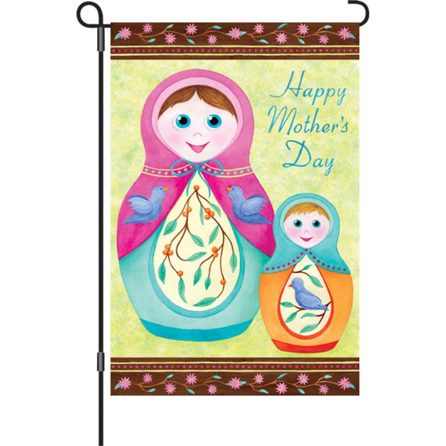 12 in. garden flag featuring 'Happy Mother's Day' design in vibrant colors on soft PremierSoft fabric displayed in a garden setting.
