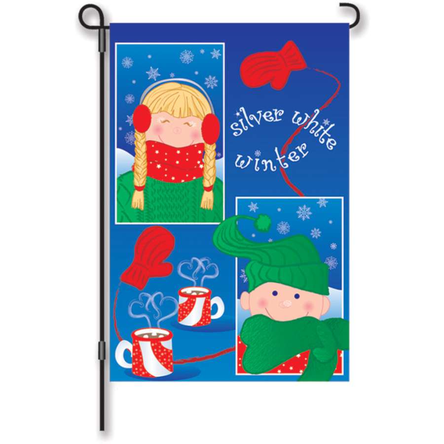 12-inch garden flag featuring a charming winter design with silver and white tones, displayed on a decorative stand in a winter garden setting.