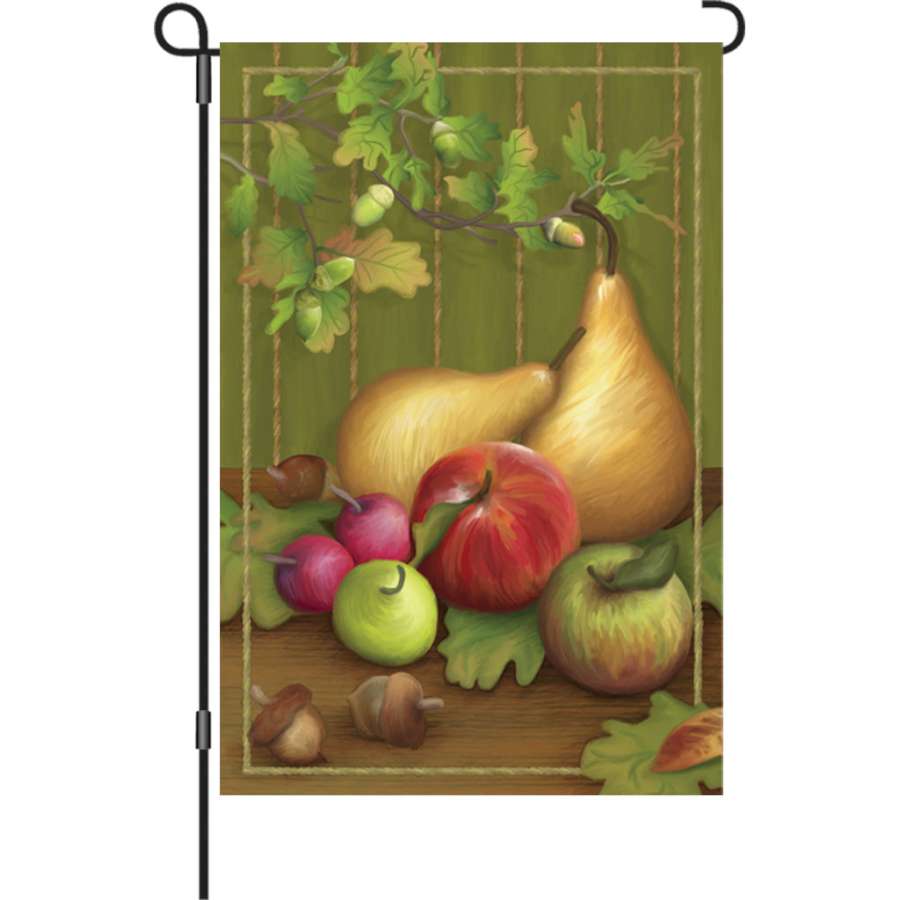 12 in. garden flag featuring a vibrant pear design, illuminated for an inviting autumn look displayed in a peaceful garden setting.