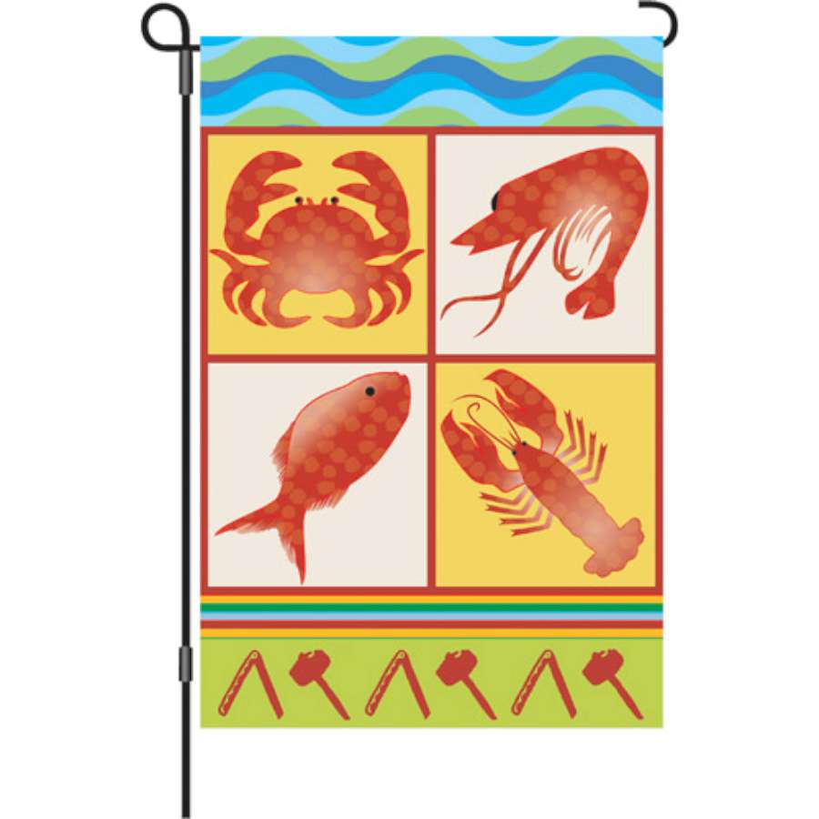 12 in. Flag - Seafood Feast depicting a colorful seafood assortment, fluttering in the garden, showcasing summer vibes.