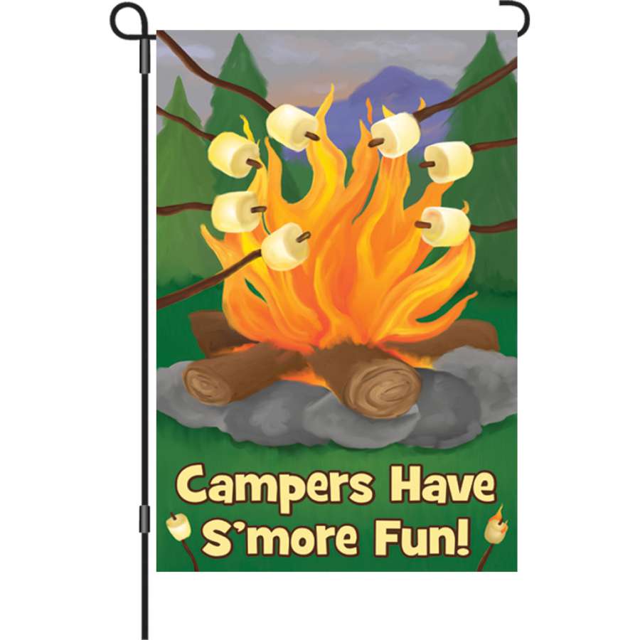 12 in. S'more Fun garden flag with colorful design displayed on a garden flag stand, highlighting a cheerful camping theme.