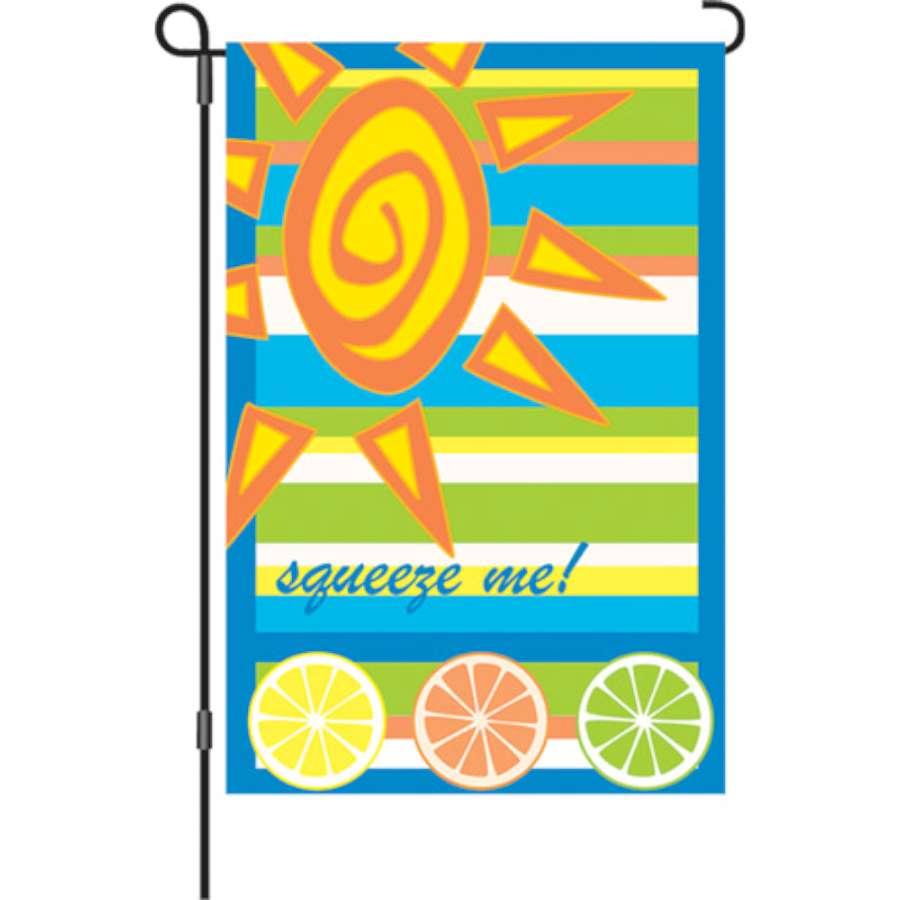 Colorful 12 in. Flag - Squeeze Me displayed outdoors on a garden flag stand, brightening up a summer garden setting.