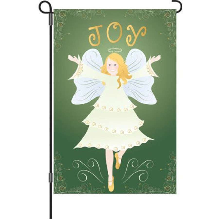 12 in. garden flag featuring 'JOY' in vibrant colors, designed for winter holiday outdoor decor, displaying a festive atmosphere.