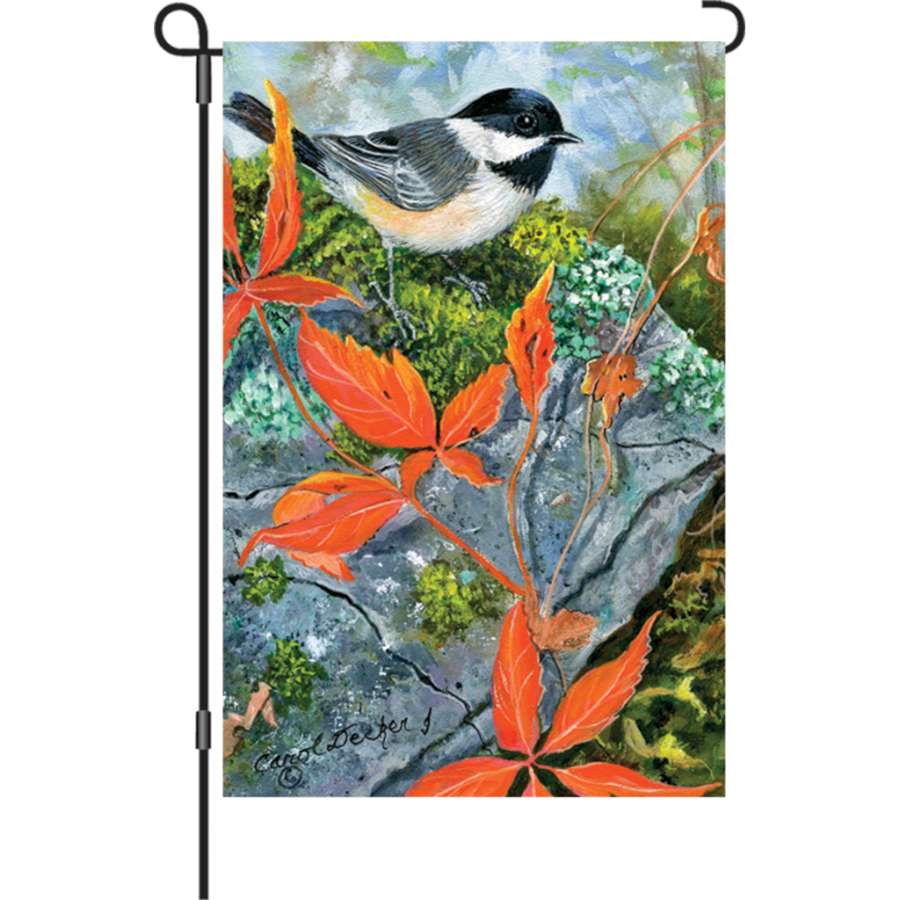 12 inch Virginia Creeper Chickadee garden flag displaying a beautifully vivid chickadee design among green leaves, ready for outdoor display.