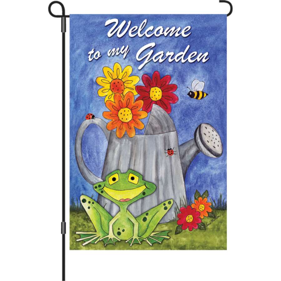 12 in. Flag - Welcome to My Garden made of soft PremierSoft fabric, displaying a colorful double-sided message, swaying in the outdoor wind.