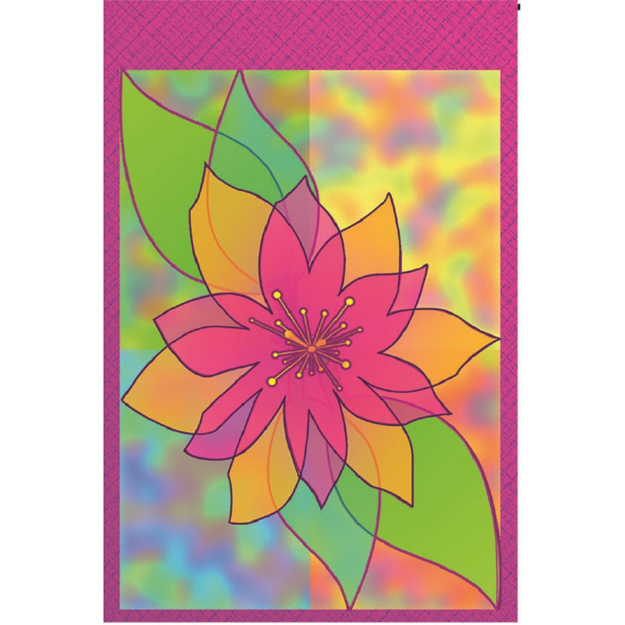 12 in. Fleur De Chiffon garden flag displaying vibrant floral design, fluttering on a garden flag stand in a sunny outdoor setting.