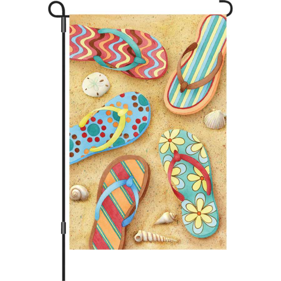 12-inch garden flag featuring colorful flip flops on a sandy background, perfect for summer outdoor decoration.