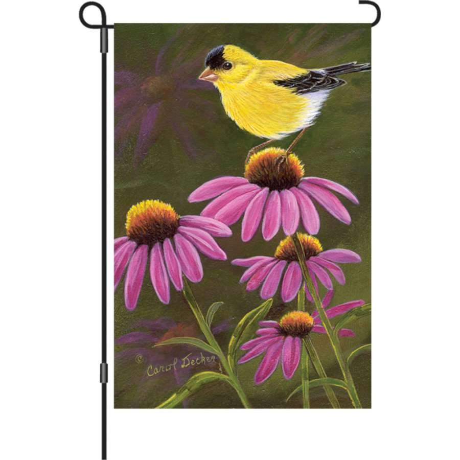 12 in. garden flag displaying a goldfinch on a coneflower against a bright background, showcasing vibrant colors and outdoor charm.