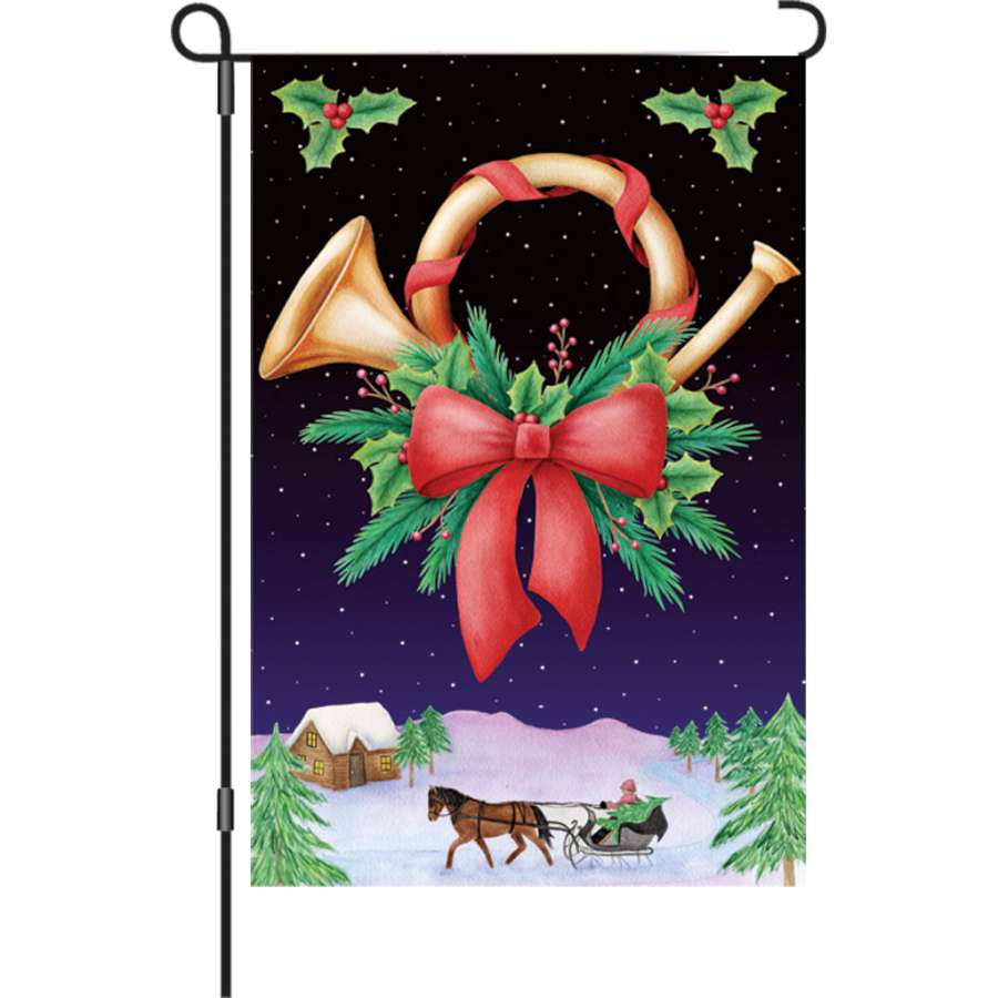 12 in. Holiday Horn illuminated garden flag featuring festive designs displayed outdoors, glowing brightly to enhance seasonal decor.