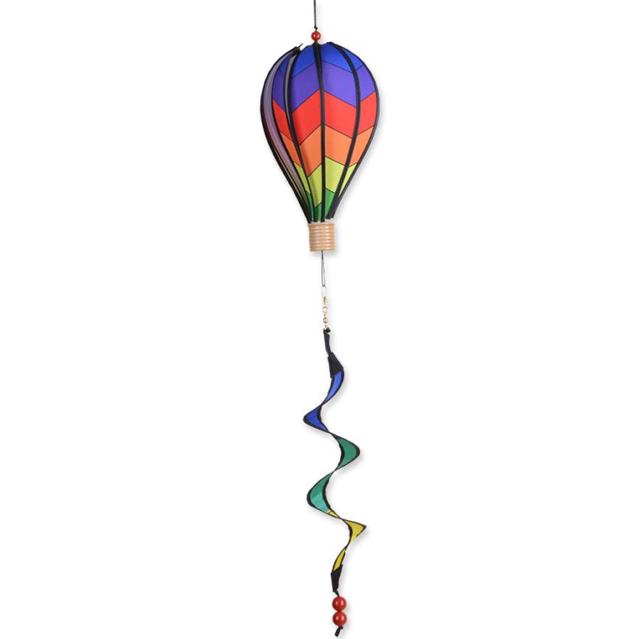 12 in. Hot Air Balloon - Chevron Rainbow design spins in the breeze, showcasing vibrant colors against a clear outdoor sky.