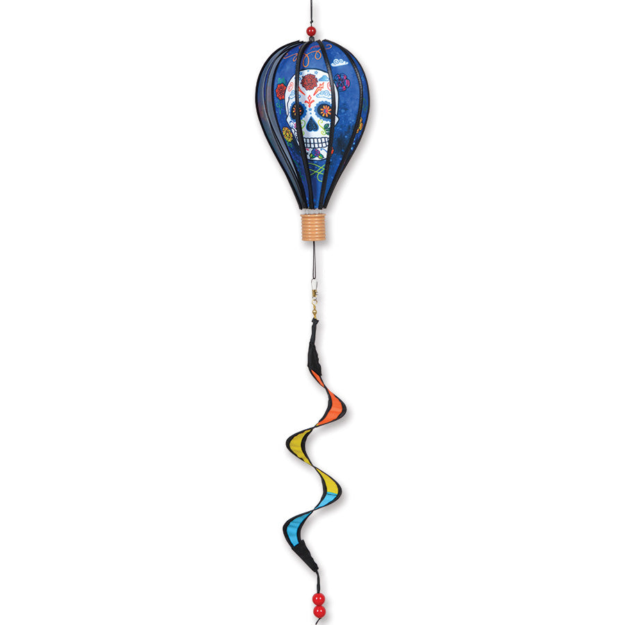12-inch Day of the Dead hot air balloon spinning with colorful calavera designs in a festive display.