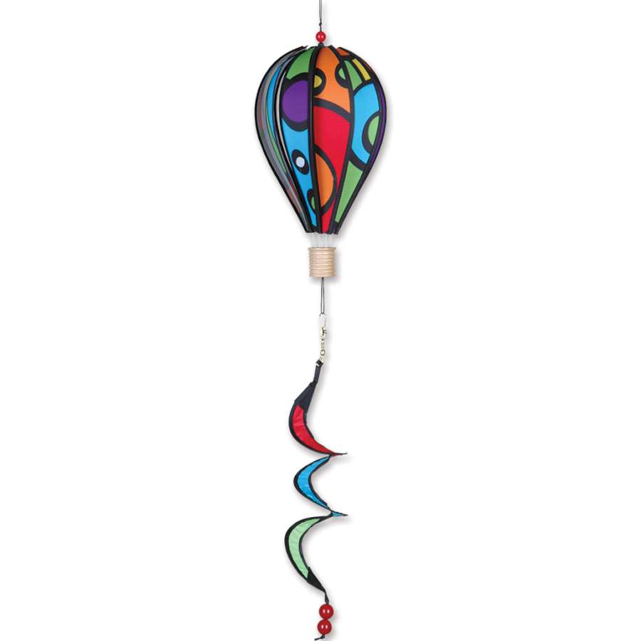 12 in. Hot Air Balloon - Orbit spinning decor piece with vibrant colors and playful patterns, hanging in a bright room.