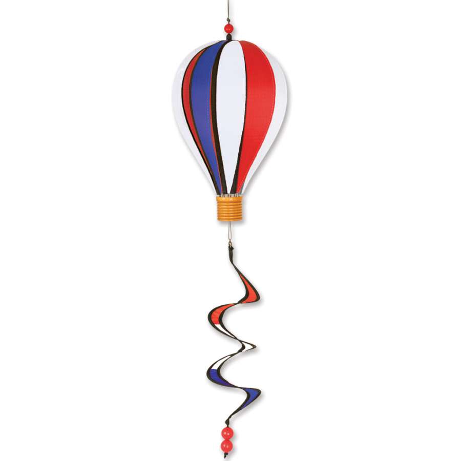 Colorful 12 in. Hot Air Balloon with American flag design spinning gently on a garden hook, adding a whimsical touch to outdoor decor.