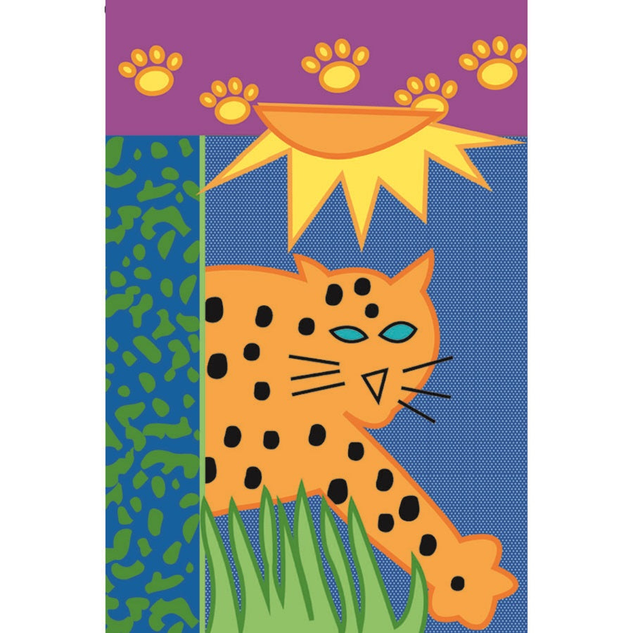 12 in. Jungle Animal garden flag depicting colorful wildlife, displayed on a garden pole in an outdoor setting.