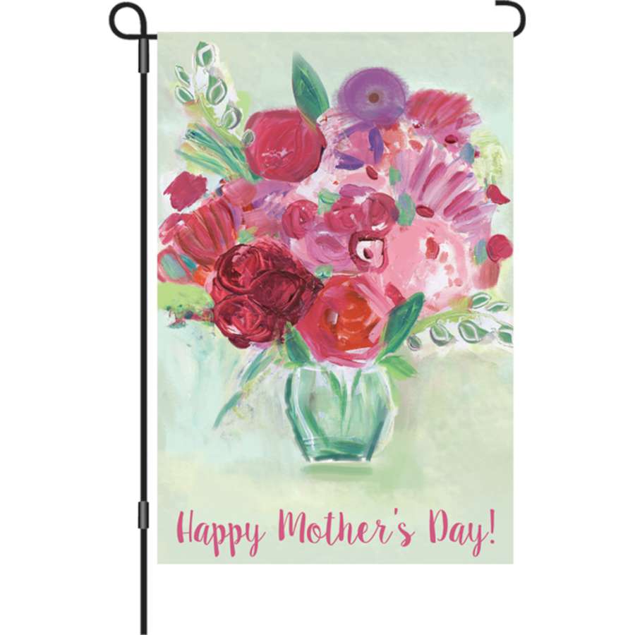 12 in. Mother's Day Bouquet garden flag featuring vibrant flowers and the text 'Happy Mother's Day!' displayed outdoors on a garden pole.