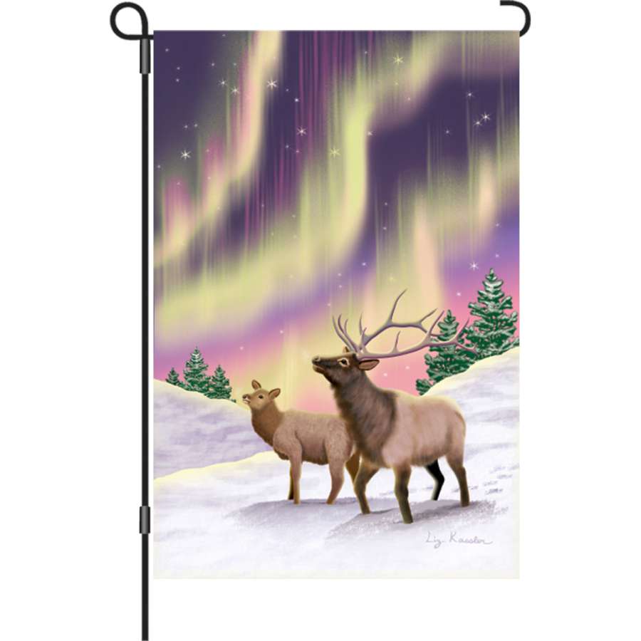 12 in. Northern Lights garden flag featuring vibrant aurora borealis design, displayed outdoors in a winter garden setting.