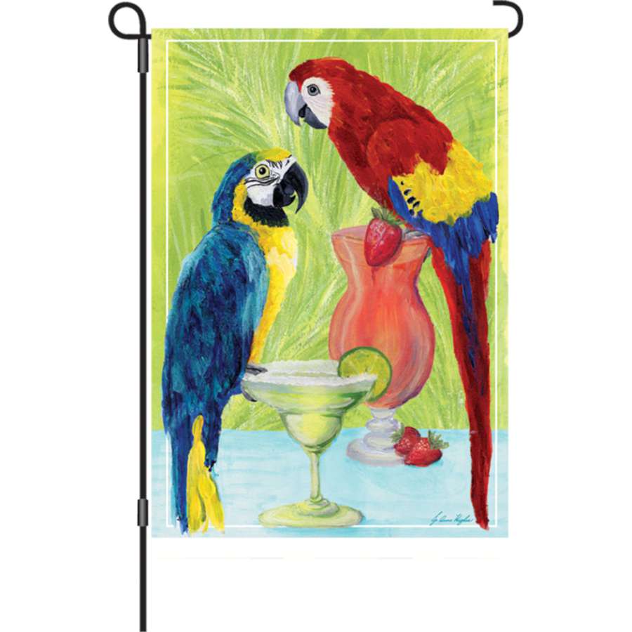 12 in. Flag - Party Parrots featuring colorful parrots in a tropical design displayed on a garden flag pole in a sunny outdoor setting.
