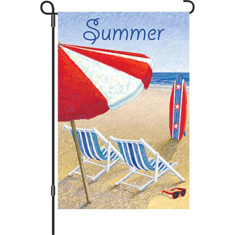 12 in. Patriotic Beach Flag featuring vibrant, illuminated designs displayed in a garden setting, highlighting the summer spirit.