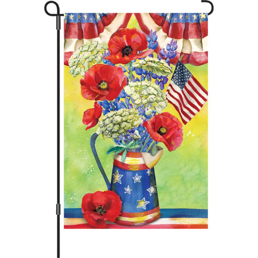 12 in. garden flag featuring a vibrant Patriotic Bouquet design with flowers, stars, and stripes displayed in an outdoor setting.