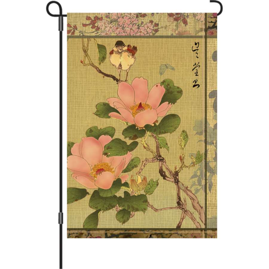 12 in. Peony and Bird illuminated garden flag displaying colorful peonies and birds, fluttering in a garden setting.
