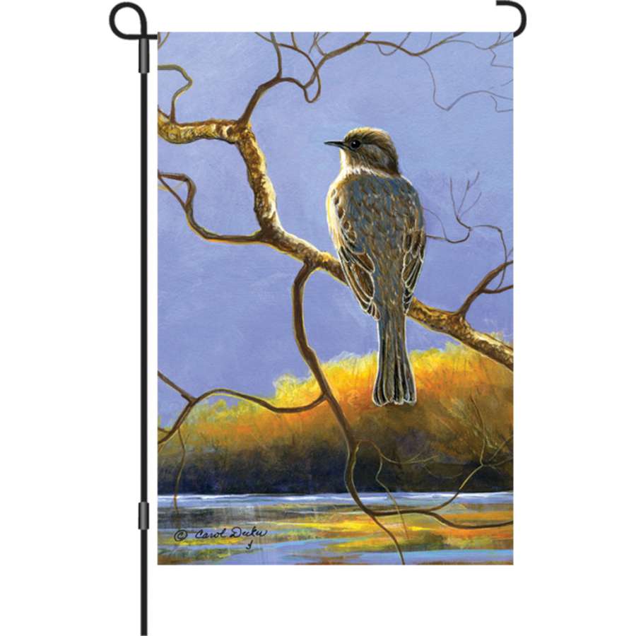 12 in. Phoebe garden flag featuring vibrant, illuminated designs displayed in a garden setting, adding charm and color to the landscape.