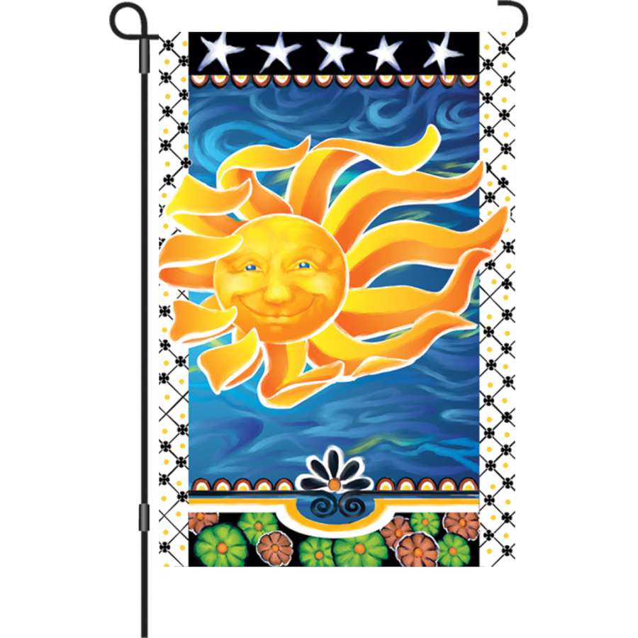 12 in. Radiant Sun garden flag featuring a vibrant sun design displayed on an outdoor flag stand in a sunny garden setting.