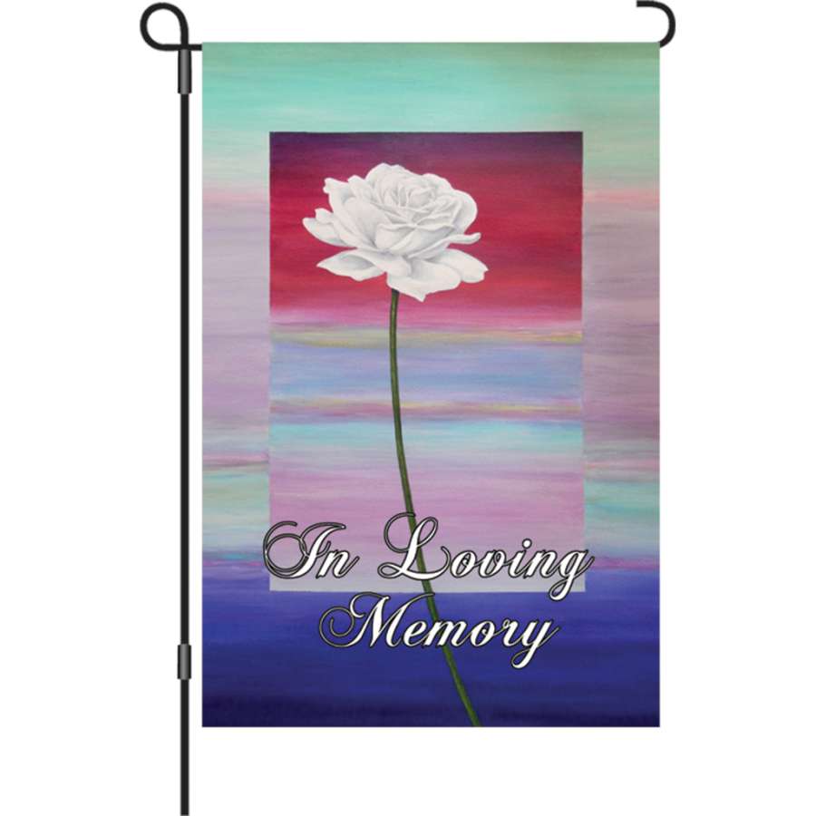 12 in. Remembrance flag featuring 'In Loving Memory' design on PremierSoft fabric, displayed in a serene garden setting.