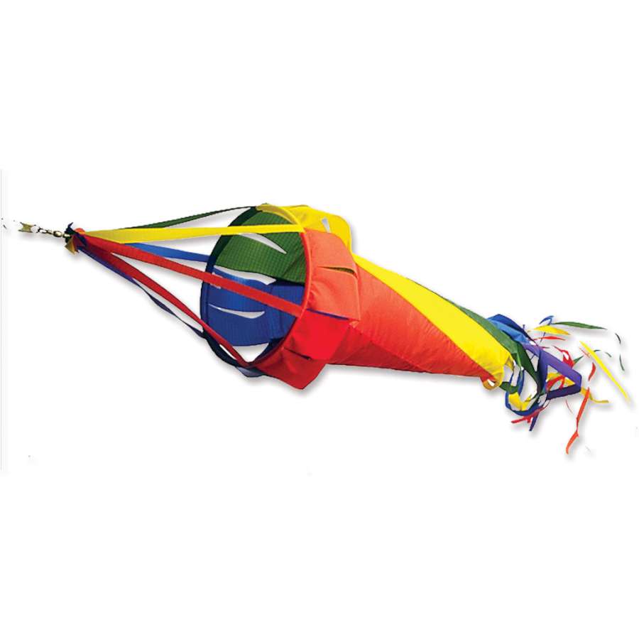 12 in. Rainbow Spinsock spinning in a gentle breeze, showcasing vibrant colors against a blue sky.