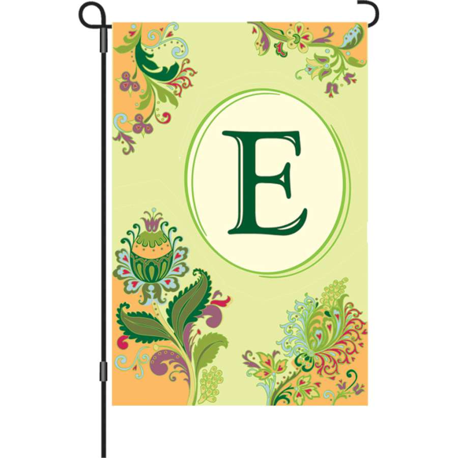 12 in. Spring Monogram Flag - E showcasing an elegant initial set against a colorful spring-themed background on a garden stand.