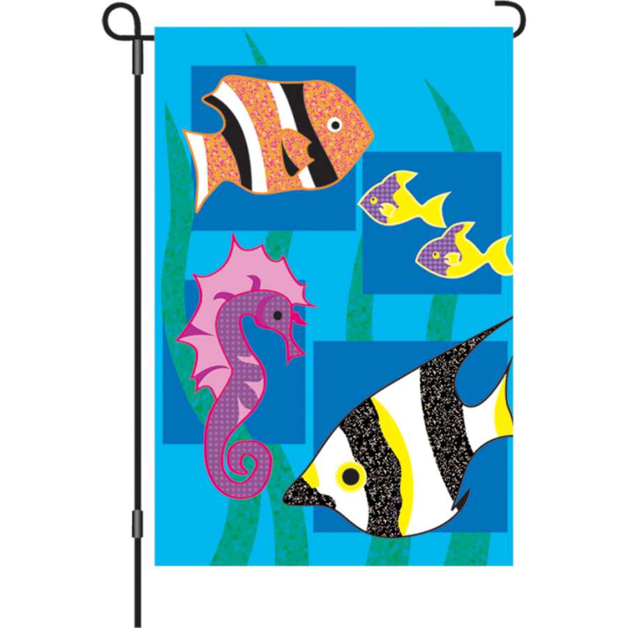 12 in. Under The Sea garden flag showcasing colorful marine life design displayed in a sunny outdoor garden setting.
