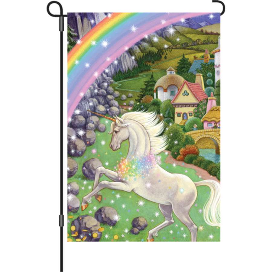 12 in. Unicorn garden flag showcasing a colorful unicorn design, illuminated and displayed in a garden setting on a flag stand.