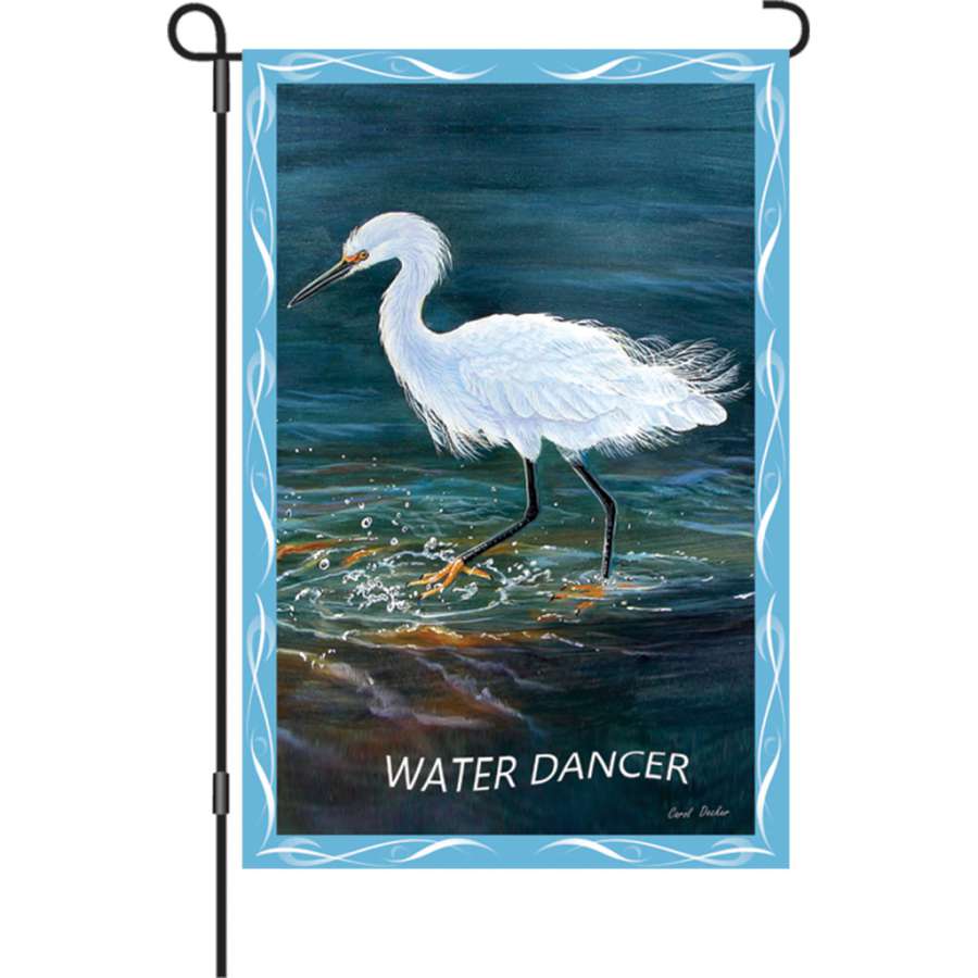 12 in. Water Dancer garden flag made from PremierSoft fabric, featuring a vibrant water dancer design, displayed in a garden setting.