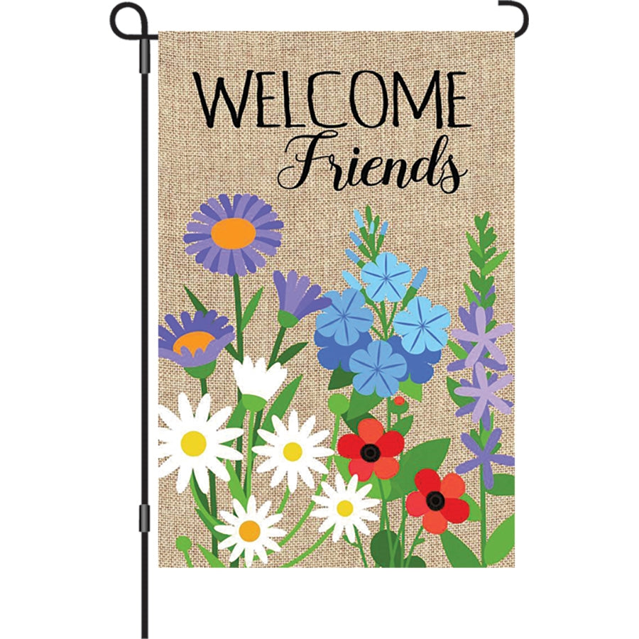12 in. Welcome Friends Flowers garden flag featuring vibrant flowers and welcoming text, light enough to sway in the breeze, perfect for outdoor display.