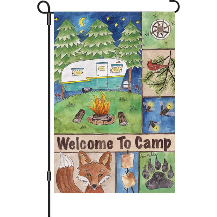 12 in. Welcome to Camp garden flag in vibrant colors, displaying 'Happy Campers' text on both sides, swaying gently in the breeze.