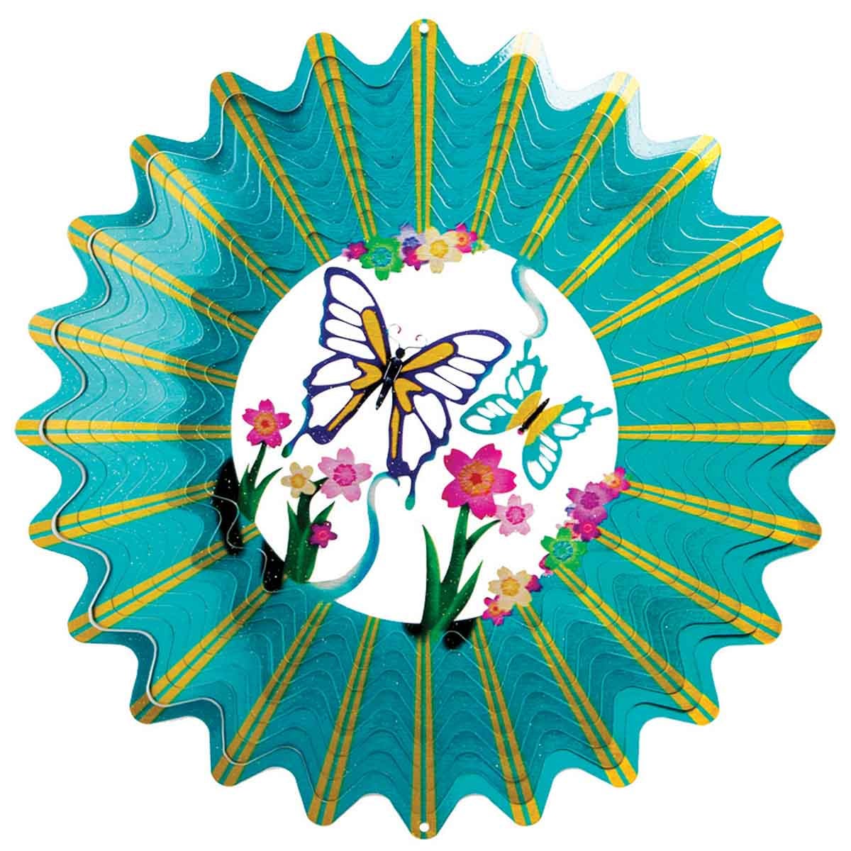 12" 3D Teal Butterfly Wind Spinner made from powder-coated stainless steel, featuring a teal butterfly design and stunning 3D motion for outdoor décor.