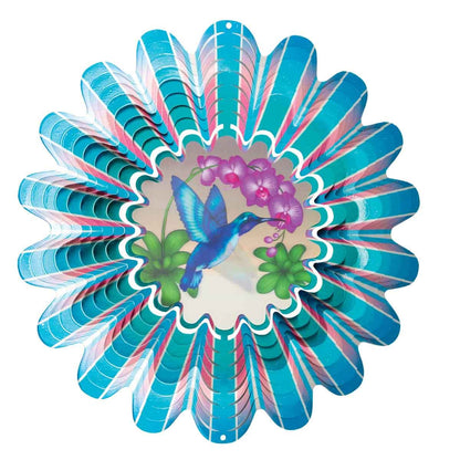 12" Animated Blue Hummingbird Wind Spinner with an acrylic lenticular disc, powder-coated stainless steel, and flying hummingbird design for outdoor décor.